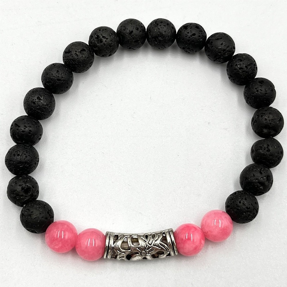 Vintage Black Lava Rock Bead Bracelet‎ Pink Stone Silver Tone Tube Stretch Boho